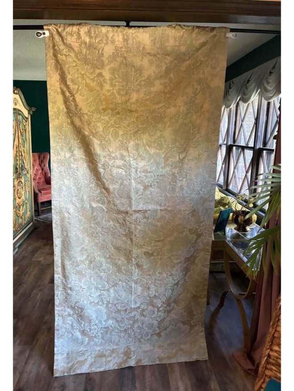 Vintage Green/Gold Floral Damask lined Curtain Panel (1 panel)